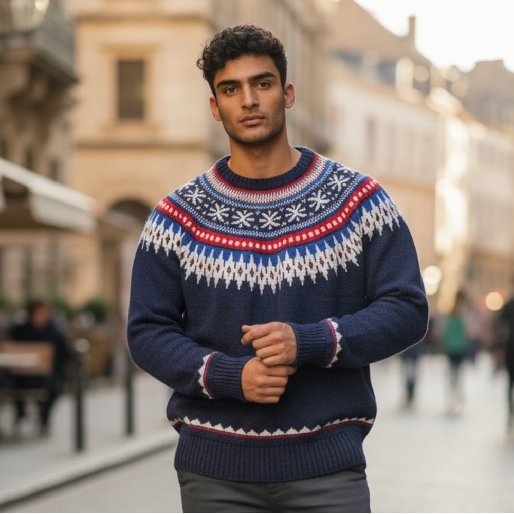 Men’s American Eagle Navy Blue Fair Isle Sweater New - Picture 2 of 7